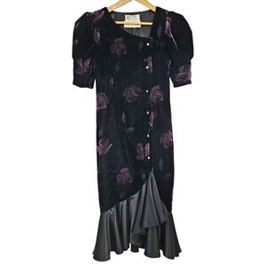 Vintage Janine Giorgenti Velvet Formal Puff Sleeves Midi Dress